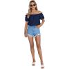 imageLYANER Womens Off Shoulder Ruffle Short Sleeve Ruched Casual Loose Tops Blouse ShirtNavy Blue