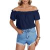 imageLYANER Womens Off Shoulder Ruffle Short Sleeve Ruched Casual Loose Tops Blouse ShirtNavy Blue