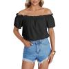 imageLYANER Womens Off Shoulder Ruffle Short Sleeve Ruched Casual Loose Tops Blouse ShirtSolid Black