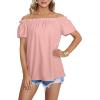 imageLYANER Womens Off Shoulder Ruffle Short Sleeve Ruched Casual Loose Tops Blouse ShirtSolid Light Pink
