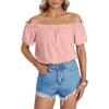 imageLYANER Womens Off Shoulder Ruffle Short Sleeve Ruched Casual Loose Tops Blouse ShirtSolid Light Pink