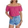 imageLYANER Womens Off Shoulder Ruffle Short Sleeve Ruched Casual Loose Tops Blouse ShirtSolid Rose Red
