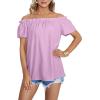 imageLYANER Womens Off Shoulder Ruffle Short Sleeve Ruched Casual Loose Tops Blouse ShirtSolid Violet