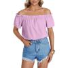 imageLYANER Womens Off Shoulder Ruffle Short Sleeve Ruched Casual Loose Tops Blouse ShirtSolid Violet