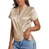 imageLYANER Womens Satin V Neck Short Sleeve Wrap Elegant Blouse ShirtBeige
