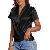 imageLYANER Womens Satin V Neck Short Sleeve Wrap Elegant Blouse ShirtBlack