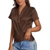imageLYANER Womens Satin V Neck Short Sleeve Wrap Elegant Blouse ShirtDark Brown