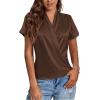imageLYANER Womens Satin V Neck Short Sleeve Wrap Elegant Blouse ShirtDark Brown