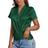 imageLYANER Womens Satin V Neck Short Sleeve Wrap Elegant Blouse ShirtDark Green