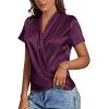 imageLYANER Womens Satin V Neck Short Sleeve Wrap Elegant Blouse ShirtDark Purple