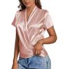 imageLYANER Womens Satin V Neck Short Sleeve Wrap Elegant Blouse ShirtPink