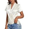 imageLYANER Womens Satin V Neck Short Sleeve Wrap Elegant Blouse ShirtWhite