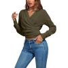 imageLYANER Womens Wrap V Neck Long Sleeve Tie Back Ruched Crop Top Blouse ShirtArmy Green