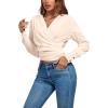 imageLYANER Womens Wrap V Neck Long Sleeve Tie Back Ruched Crop Top Blouse ShirtBeige