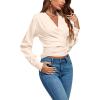 imageLYANER Womens Wrap V Neck Long Sleeve Tie Back Ruched Crop Top Blouse ShirtBeige
