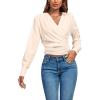 imageLYANER Womens Wrap V Neck Long Sleeve Tie Back Ruched Crop Top Blouse ShirtBeige