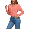 imageLYANER Womens Wrap V Neck Long Sleeve Tie Back Ruched Crop Top Blouse ShirtCoral Pink