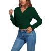 imageLYANER Womens Wrap V Neck Long Sleeve Tie Back Ruched Crop Top Blouse ShirtDark Green