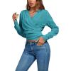 imageLYANER Womens Wrap V Neck Long Sleeve Tie Back Ruched Crop Top Blouse ShirtLake Blue