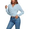 imageLYANER Womens Wrap V Neck Long Sleeve Tie Back Ruched Crop Top Blouse ShirtLight Blue