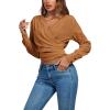 imageLYANER Womens Wrap V Neck Long Sleeve Tie Back Ruched Crop Top Blouse ShirtLight Brown