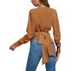 imageLYANER Womens Wrap V Neck Long Sleeve Tie Back Ruched Crop Top Blouse ShirtLight Brown