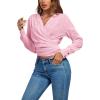 imageLYANER Womens Wrap V Neck Long Sleeve Tie Back Ruched Crop Top Blouse ShirtPink