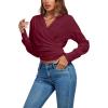 imageLYANER Womens Wrap V Neck Long Sleeve Tie Back Ruched Crop Top Blouse ShirtPurplish Red