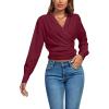 imageLYANER Womens Wrap V Neck Long Sleeve Tie Back Ruched Crop Top Blouse ShirtPurplish Red
