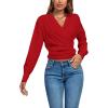 imageLYANER Womens Wrap V Neck Long Sleeve Tie Back Ruched Crop Top Blouse ShirtRed