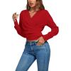 imageLYANER Womens Wrap V Neck Long Sleeve Tie Back Ruched Crop Top Blouse ShirtRed