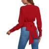 imageLYANER Womens Wrap V Neck Long Sleeve Tie Back Ruched Crop Top Blouse ShirtRed