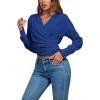 imageLYANER Womens Wrap V Neck Long Sleeve Tie Back Ruched Crop Top Blouse ShirtRoyal Blue