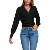imageLYANER Womens Wrap V Neck Long Sleeve Tie Back Ruched Crop Top Blouse ShirtSolid Black