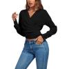 imageLYANER Womens Wrap V Neck Long Sleeve Tie Back Ruched Crop Top Blouse ShirtSolid Black