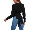 imageLYANER Womens Wrap V Neck Long Sleeve Tie Back Ruched Crop Top Blouse ShirtSolid Black