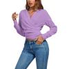 imageLYANER Womens Wrap V Neck Long Sleeve Tie Back Ruched Crop Top Blouse ShirtSolid Purple