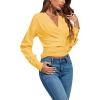imageLYANER Womens Wrap V Neck Long Sleeve Tie Back Ruched Crop Top Blouse ShirtYellow