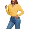 imageLYANER Womens Wrap V Neck Long Sleeve Tie Back Ruched Crop Top Blouse ShirtYellow