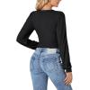 imageLYANER Womens Wrap V Neck Self Tie Knot Bishop Long Sleeve Ribbed Knit Crop Blouse TShirt TopBlack