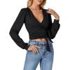 imageLYANER Womens Wrap V Neck Self Tie Knot Bishop Long Sleeve Ribbed Knit Crop Blouse TShirt TopBlack