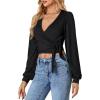 imageLYANER Womens Wrap V Neck Self Tie Knot Bishop Long Sleeve Ribbed Knit Crop Blouse TShirt TopBlack