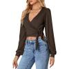 imageLYANER Womens Wrap V Neck Self Tie Knot Bishop Long Sleeve Ribbed Knit Crop Blouse TShirt TopBrown