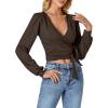 imageLYANER Womens Wrap V Neck Self Tie Knot Bishop Long Sleeve Ribbed Knit Crop Blouse TShirt TopBrown