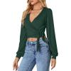 imageLYANER Womens Wrap V Neck Self Tie Knot Bishop Long Sleeve Ribbed Knit Crop Blouse TShirt TopDark Green