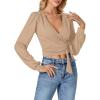 imageLYANER Womens Wrap V Neck Self Tie Knot Bishop Long Sleeve Ribbed Knit Crop Blouse TShirt TopKhaki