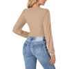 imageLYANER Womens Wrap V Neck Self Tie Knot Bishop Long Sleeve Ribbed Knit Crop Blouse TShirt TopKhaki