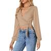 imageLYANER Womens Wrap V Neck Self Tie Knot Bishop Long Sleeve Ribbed Knit Crop Blouse TShirt TopKhaki