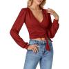 imageLYANER Womens Wrap V Neck Self Tie Knot Bishop Long Sleeve Ribbed Knit Crop Blouse TShirt TopRed