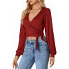 imageLYANER Womens Wrap V Neck Self Tie Knot Bishop Long Sleeve Ribbed Knit Crop Blouse TShirt TopRed